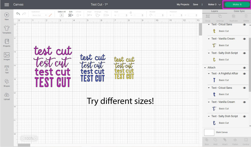 different sizes for test cuts using text in cricut design space