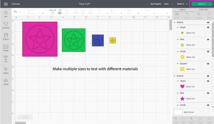 multiple test cuts in a cricut project