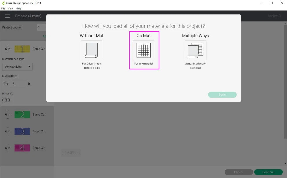 select "on mat" in cricut design space