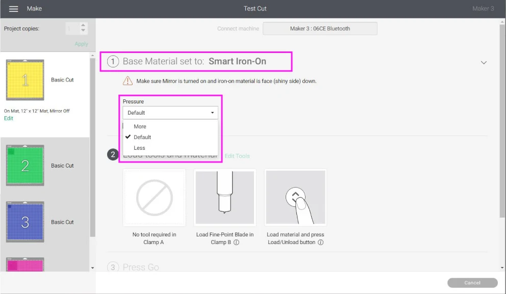 testing different pressure for a material in cricut design space