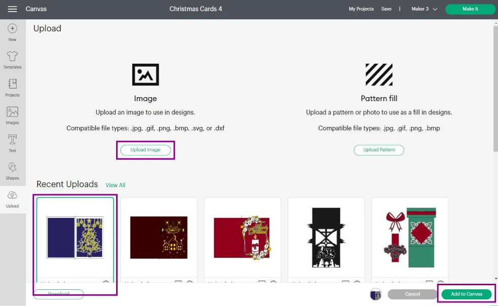upload christmas card template to cricut design space