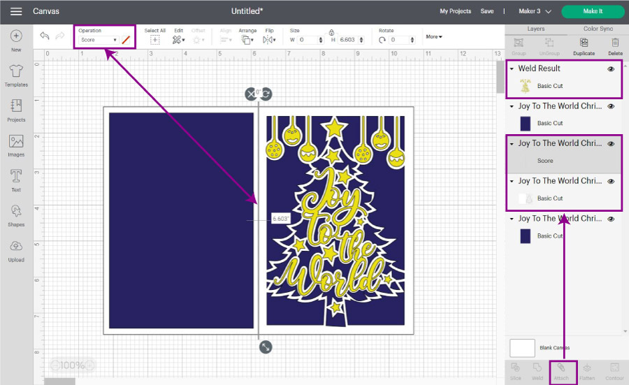 attach score line to card in cricut design space