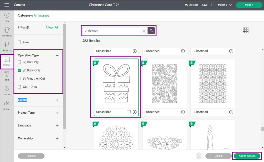 adding images for card in cricut design space