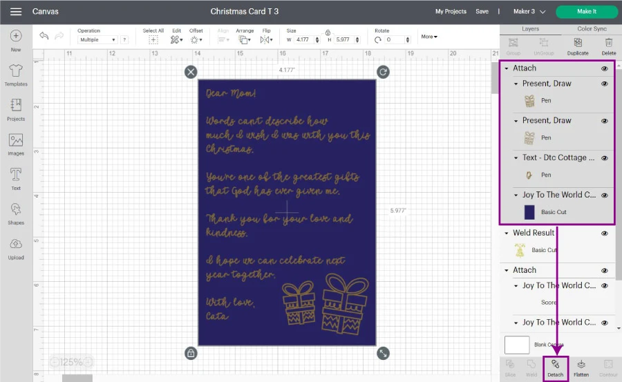 attach text to card in cricut design space