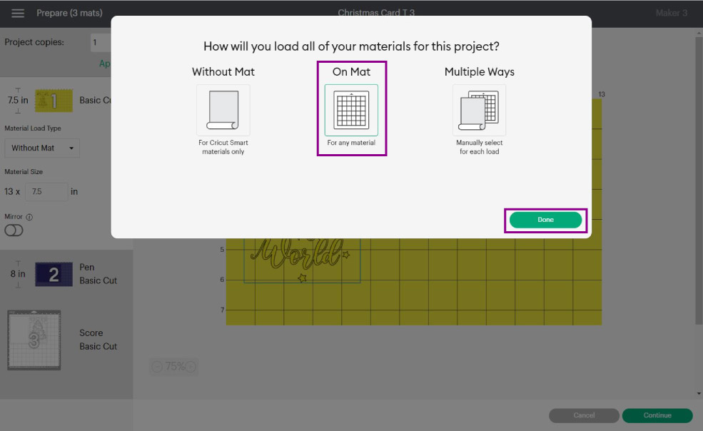 selecting "cut on mat" in design space