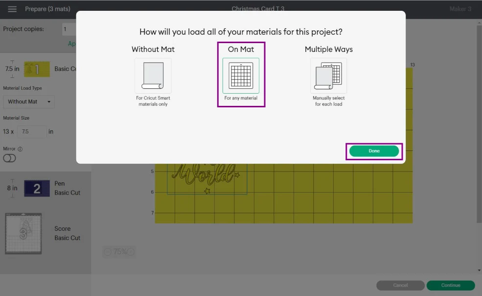 selecting "cut on mat" in design space