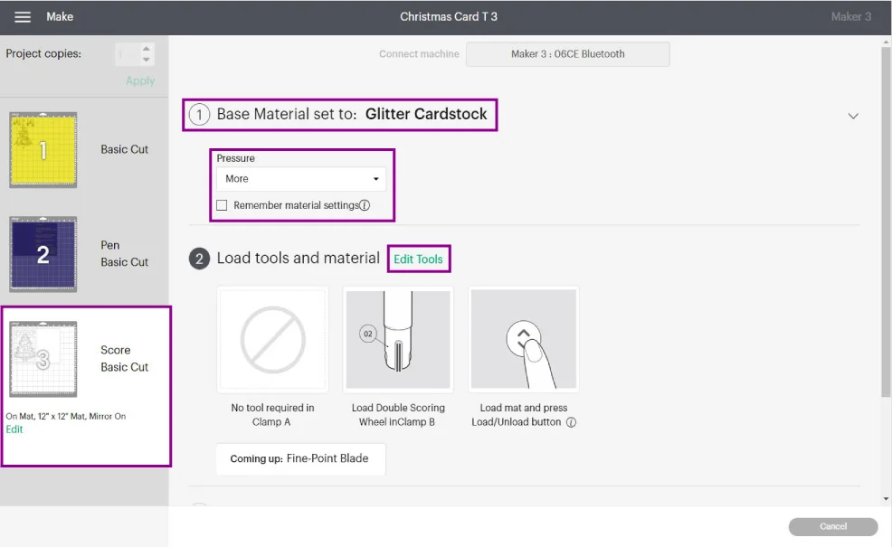 selecting material for card in cricut design space