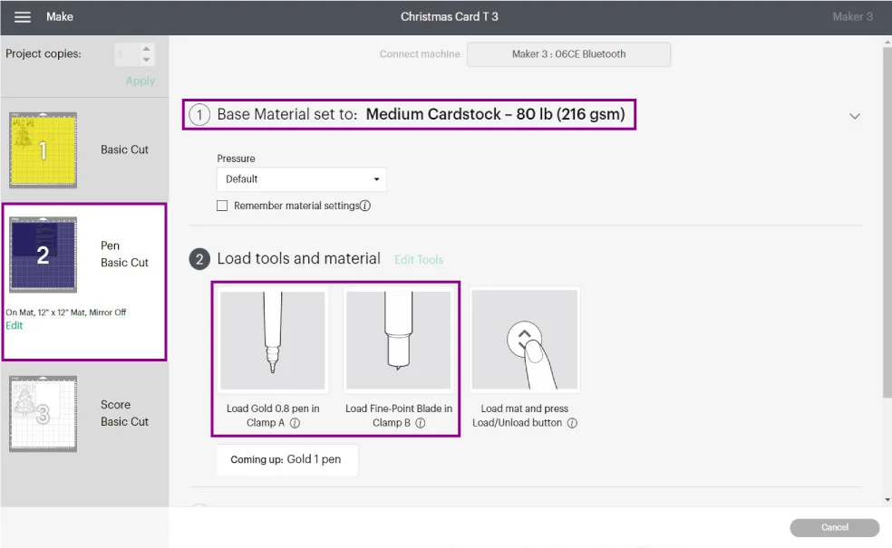 setting materials for inside of the card