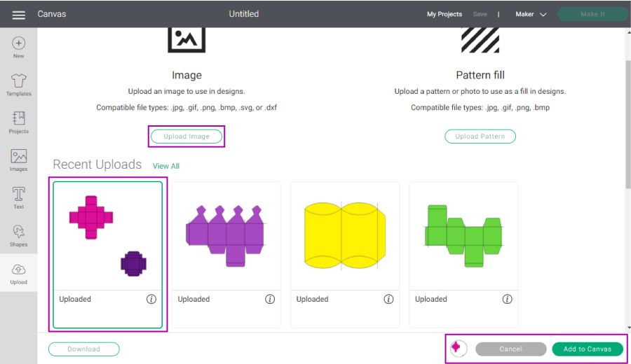 Screenshot for uploading Top and Bottom box to Cricut Design Space