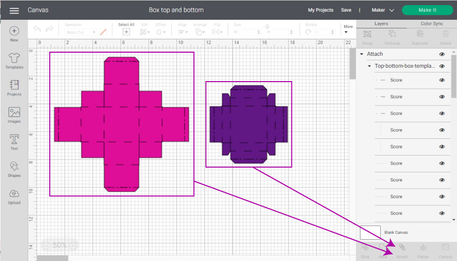 Screenshot of attaching score and cutting lines of the Top and Bottom box 