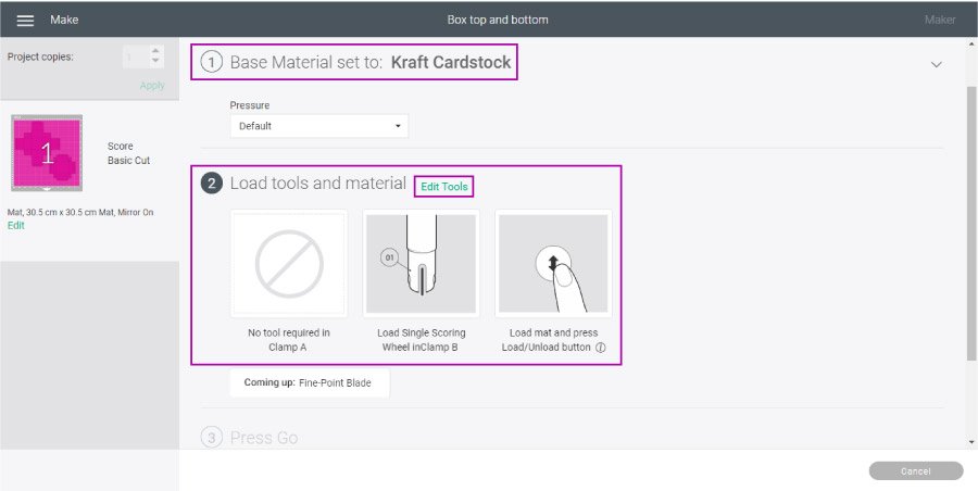 Screenshot of selecting materials, loading tools and mat for the Top and Bottom Box