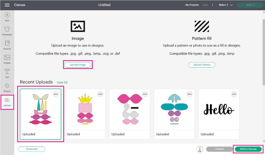 uploading hair bow SVG template to Cricut Design Space.