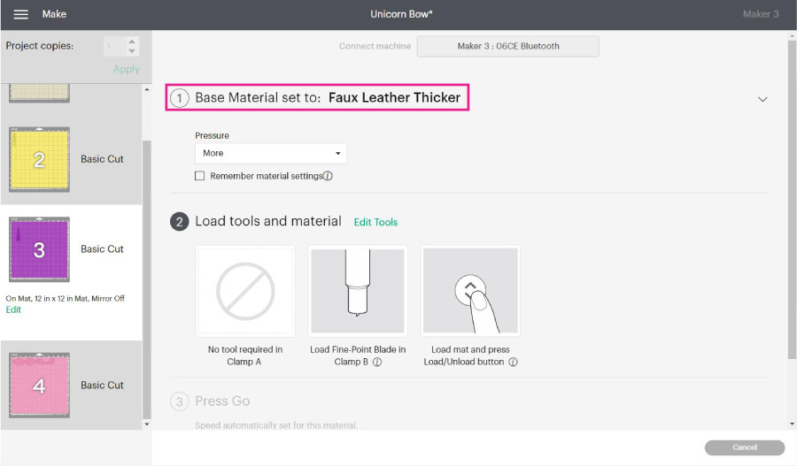 selecting faux leather (thicker) in Cricut Design Space
