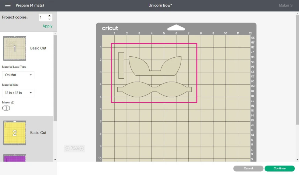 arranging material on mat in Cricut Design Space