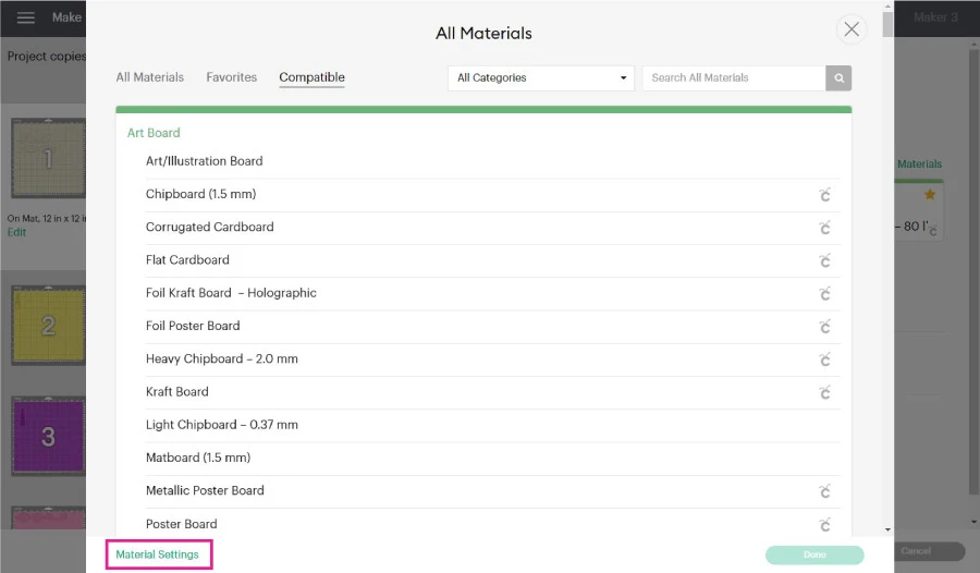 Material settings in Cricut Design Space