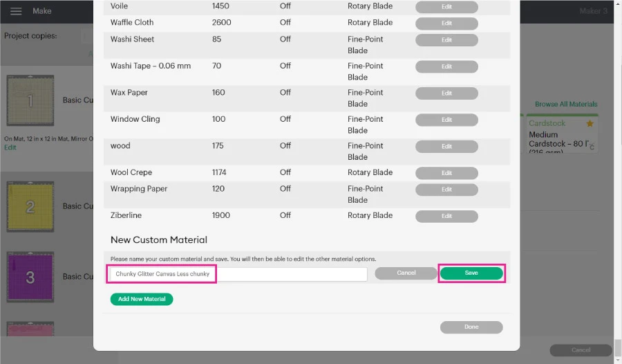 adding a new material in Cricut Design Space