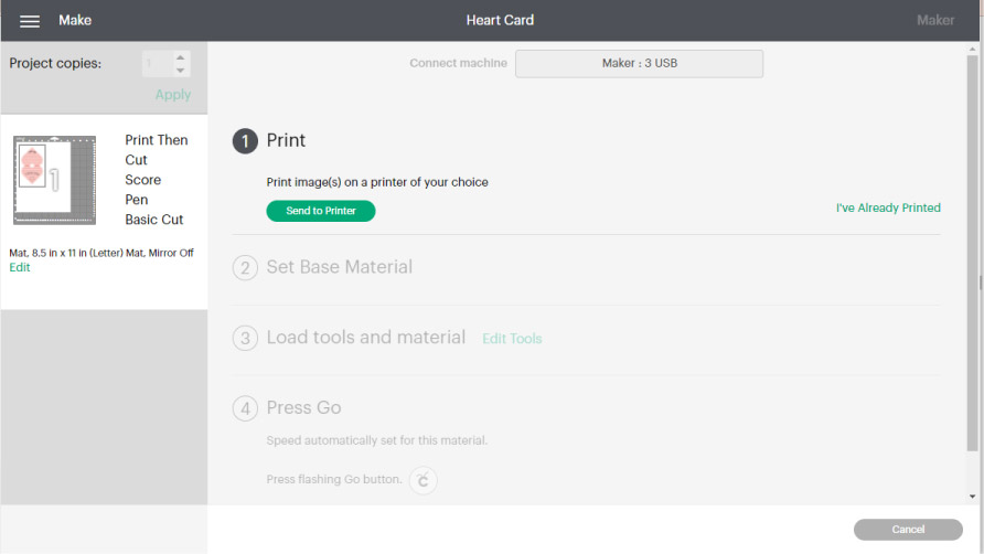 Screenshot of sending your design to your printer.