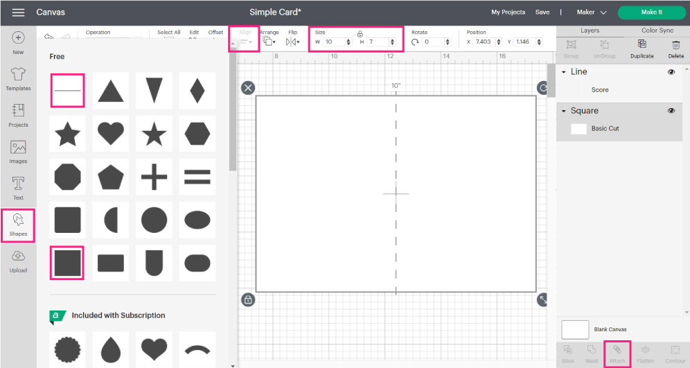 Screenshot of making a simple card in Cricut Design Space
