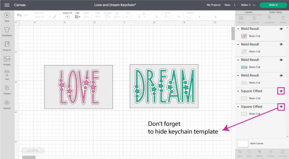 love and dream keychains in cricut design space