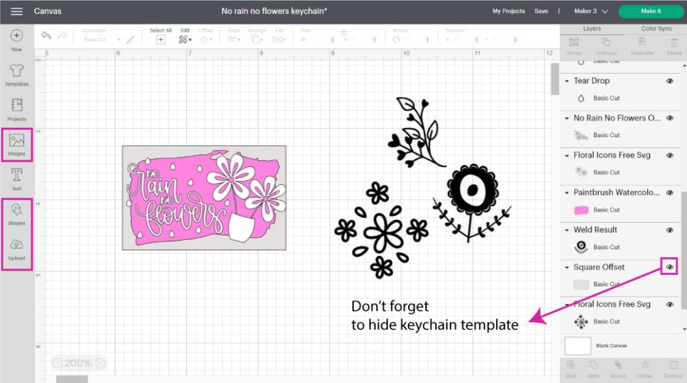 no rain no flowers keychain in Cricut design space