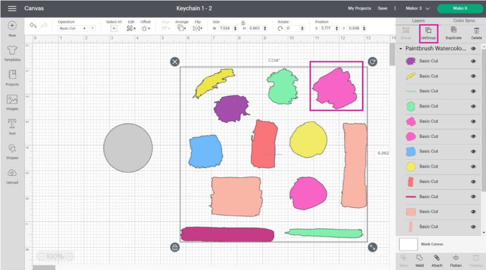 brush strokes for keychain in cricut design space