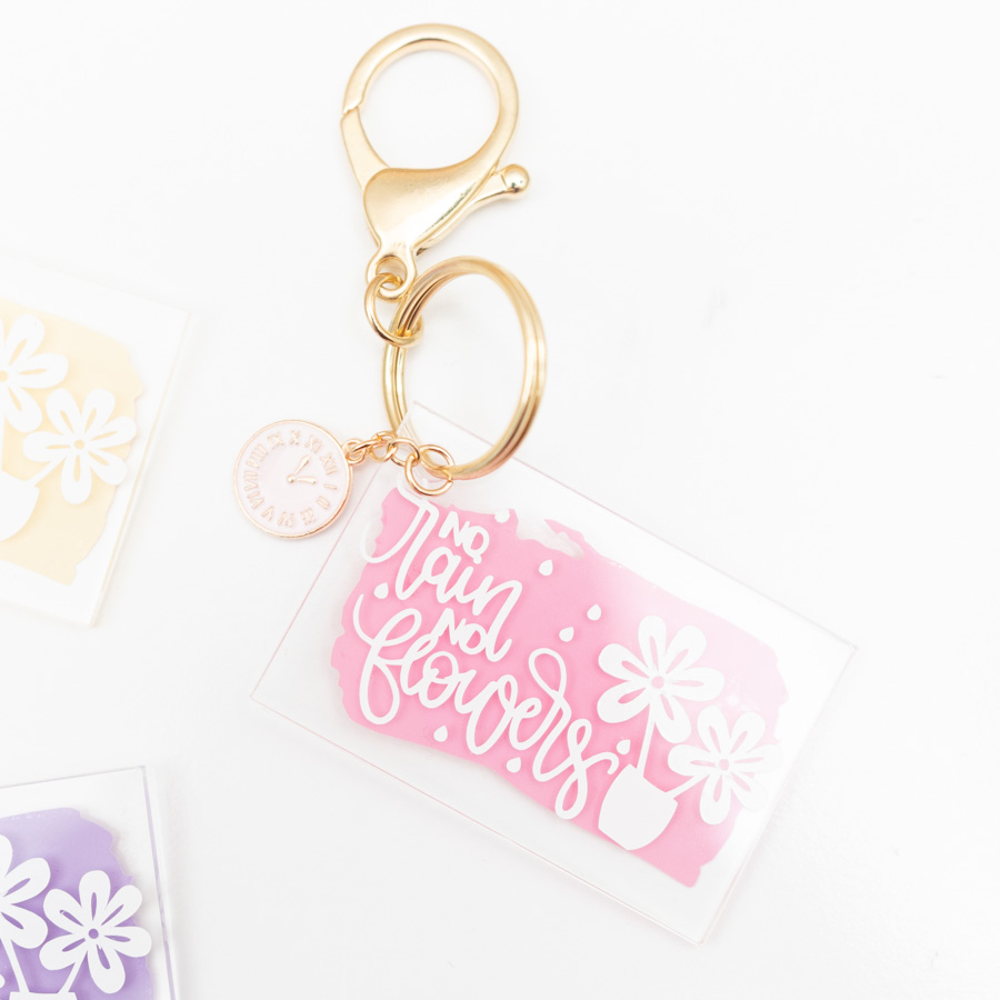 pink and gold acrylic keychain - no rain no flowers