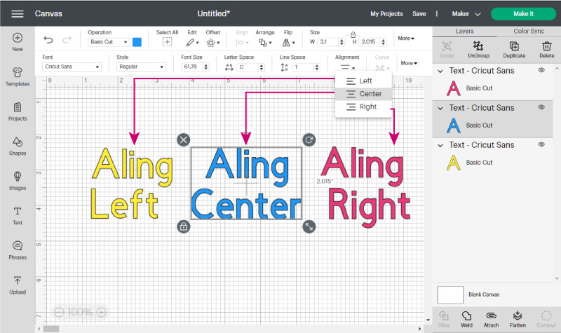 aligning text in cricut design space