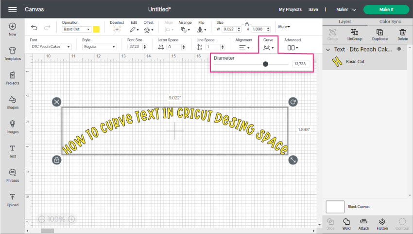 curving text in cricut design space with the curve tool.