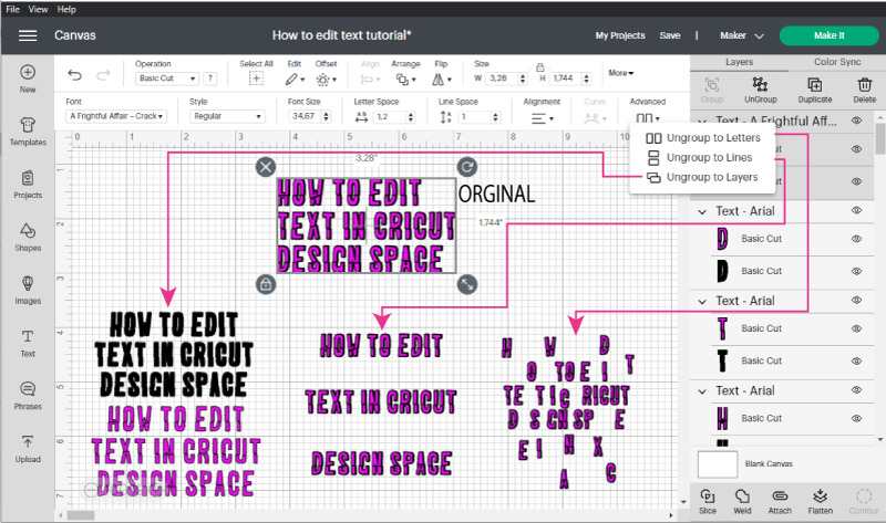 advance settings for text in cricut design space