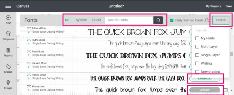 filtering fonts in cricut design space.