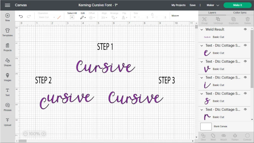 fixing cursive font in cricut design space