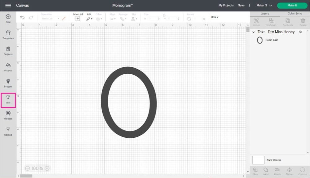 typing letter O in Cricut Design Space