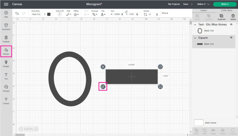 letter O and rectangle in design space.