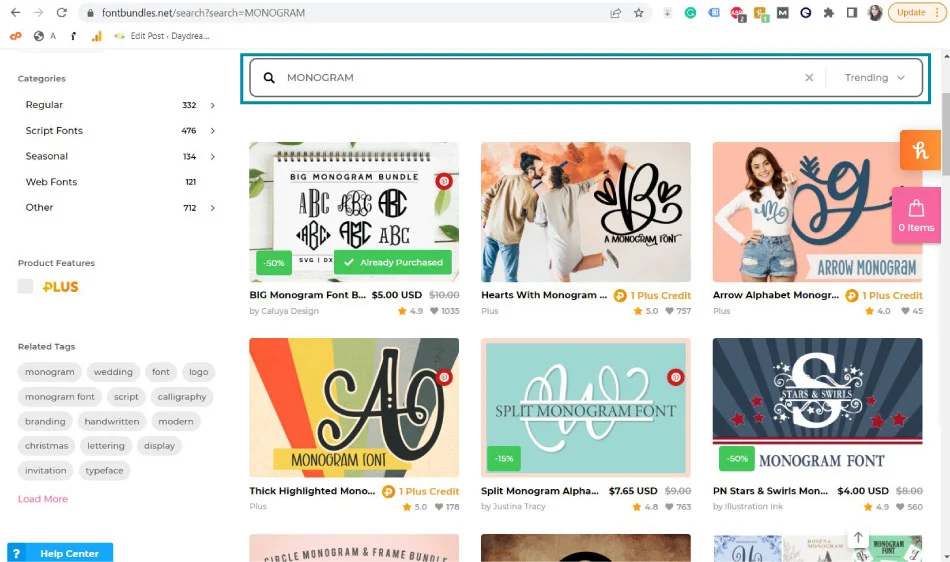 searching for monogram fonts in fontbundles.net