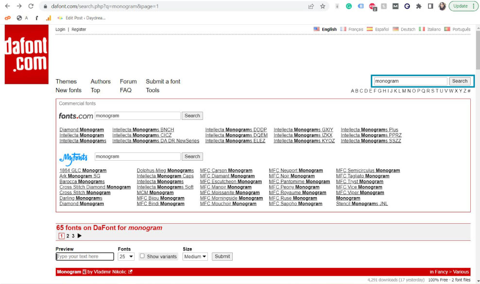 searching for monogram fonts in dafont.com