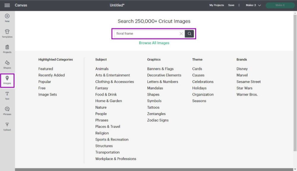 searching for floral frames in Cricut Design Space.