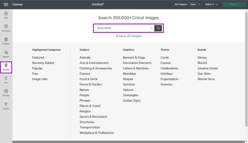 searching for floral frames in Cricut Design Space.