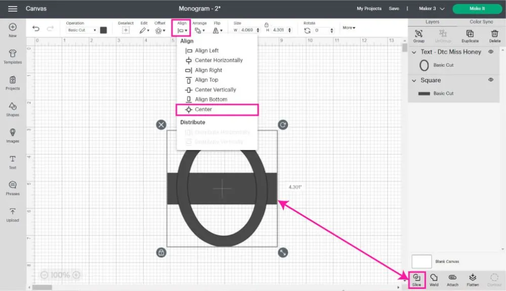 slicing letter against shape in Cricut Design Space.