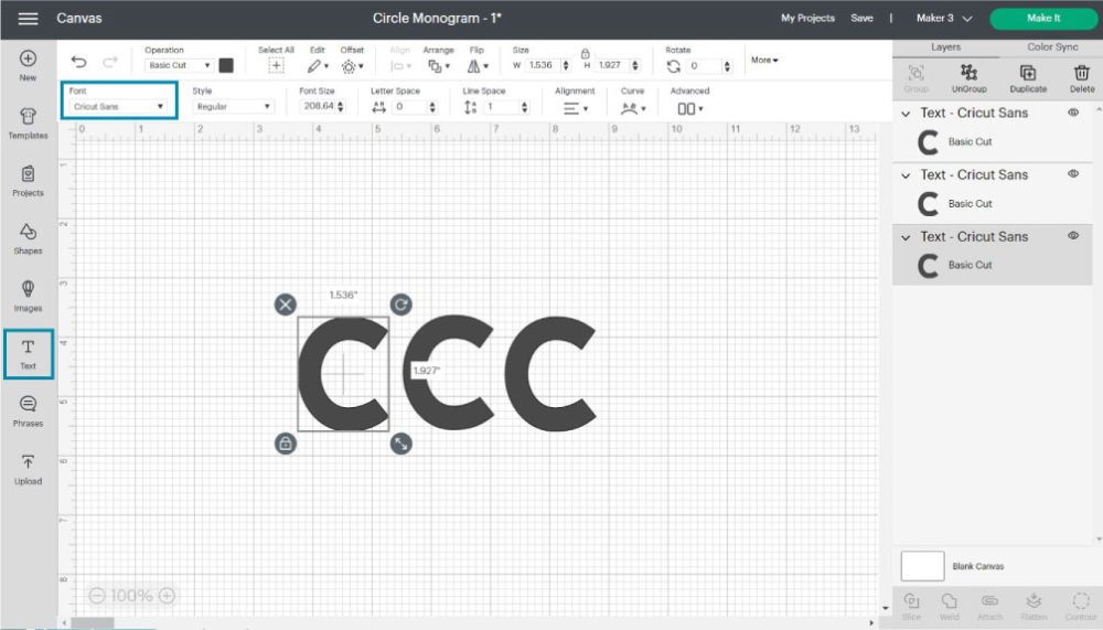 typing three letter for a monogram in Cricut Design Space