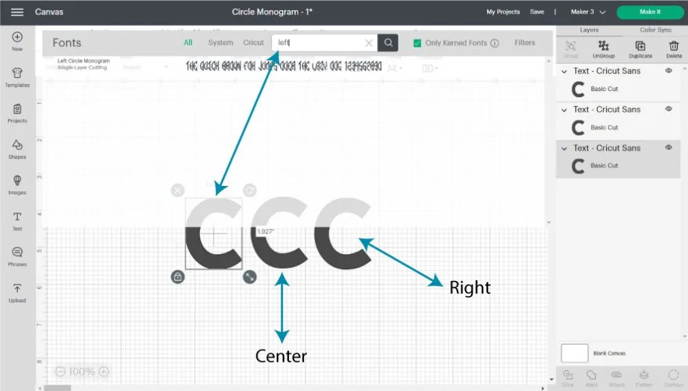 changing fonts for circled monogram in Cricut Design Space.