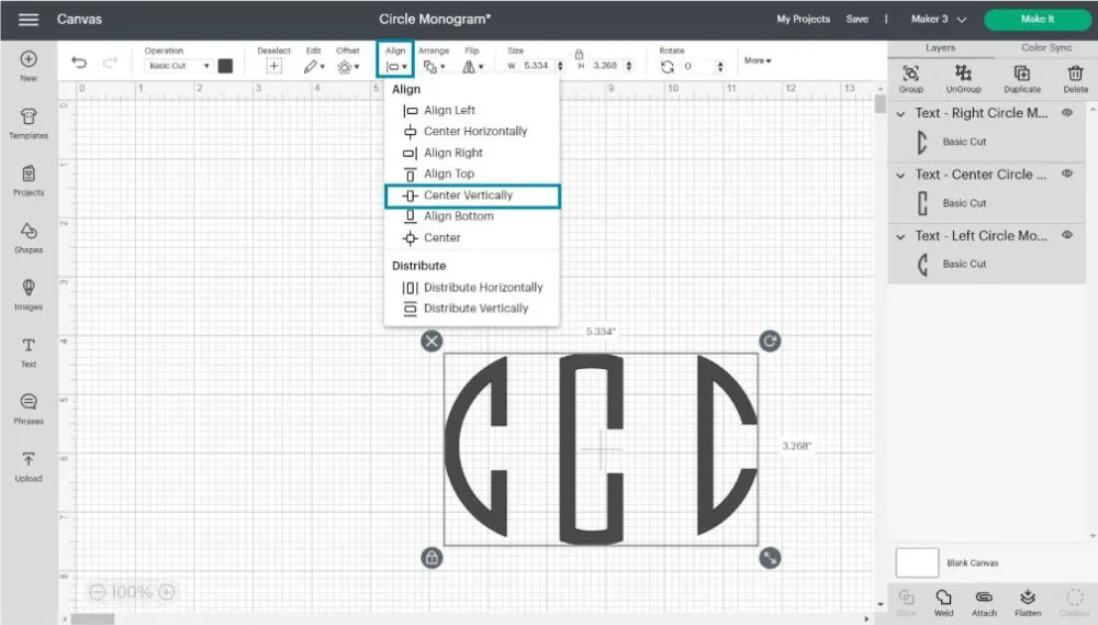 centering vertically a circled monogram in design space