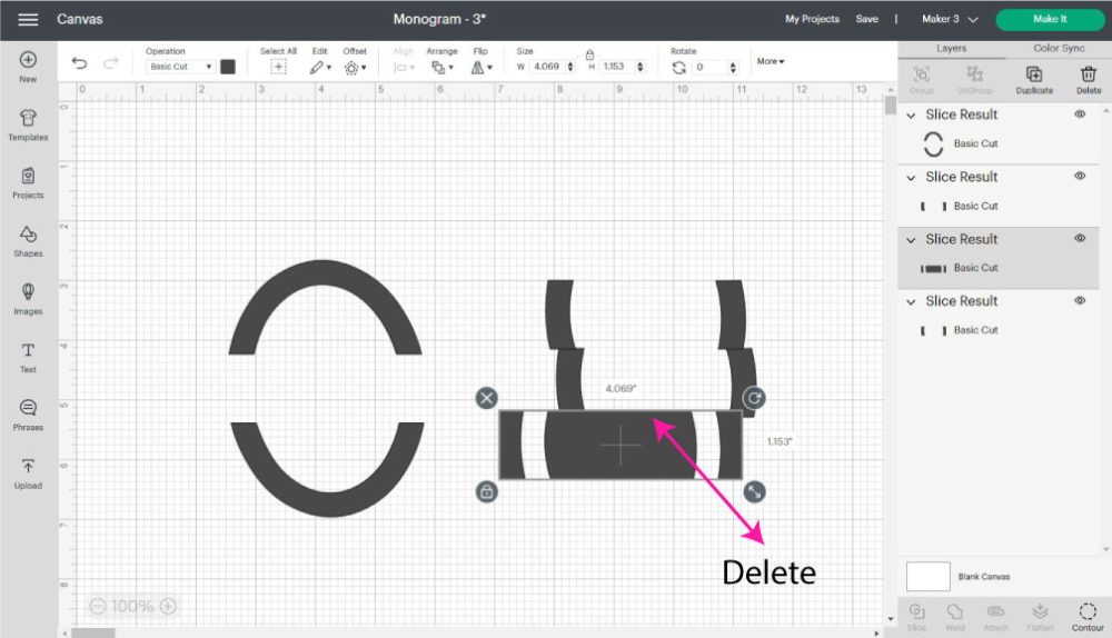 letter divided to make a monogram in Cricut Design Space