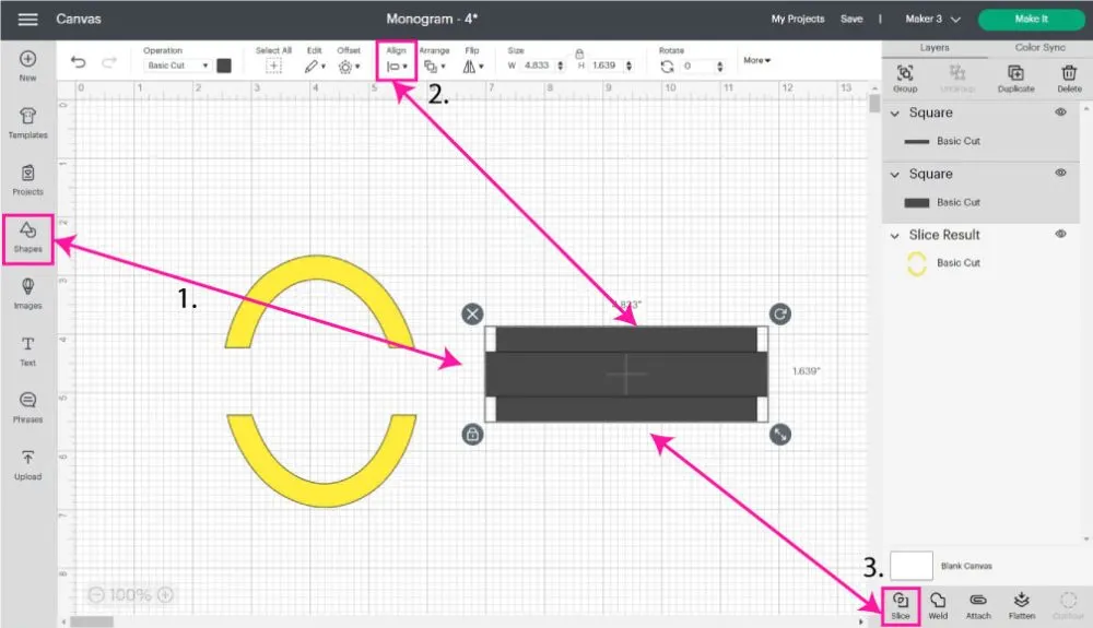 aligning and slicing two rectangles in Cricut Design Space. 