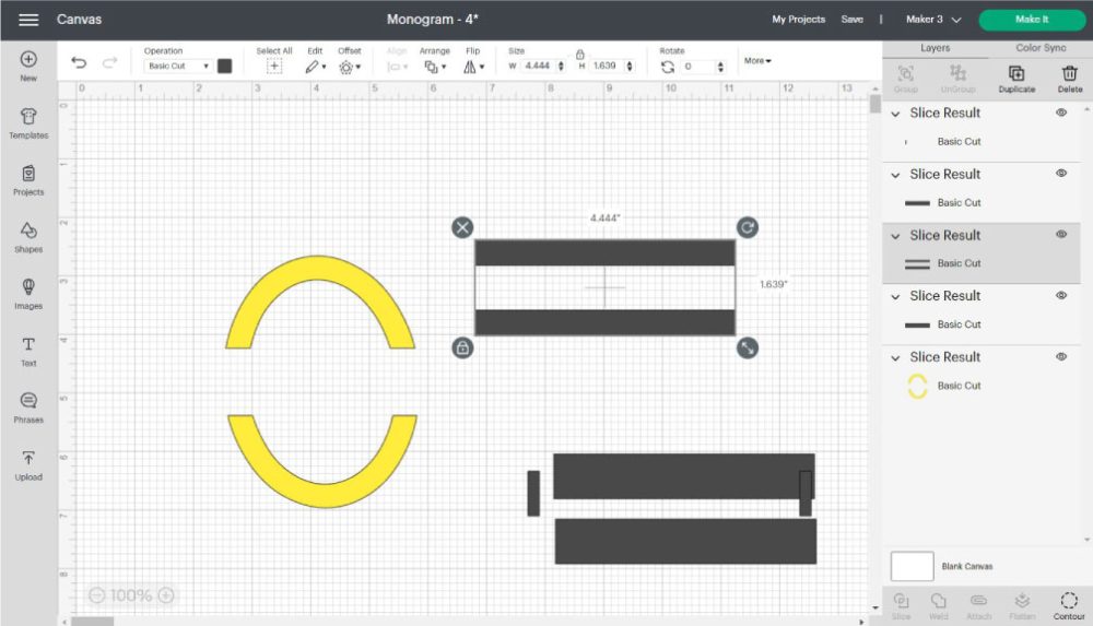 slice results from slicing two rectangle for a monogram in cricut design space