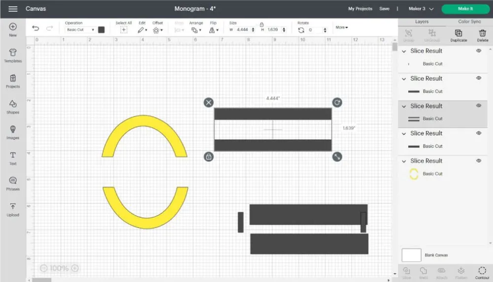 slice results from slicing two rectangle for a monogram in cricut design space