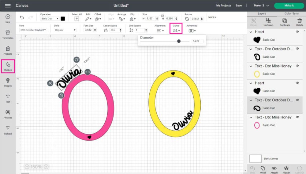 curving a name on a monogram in in Cricut Design Space