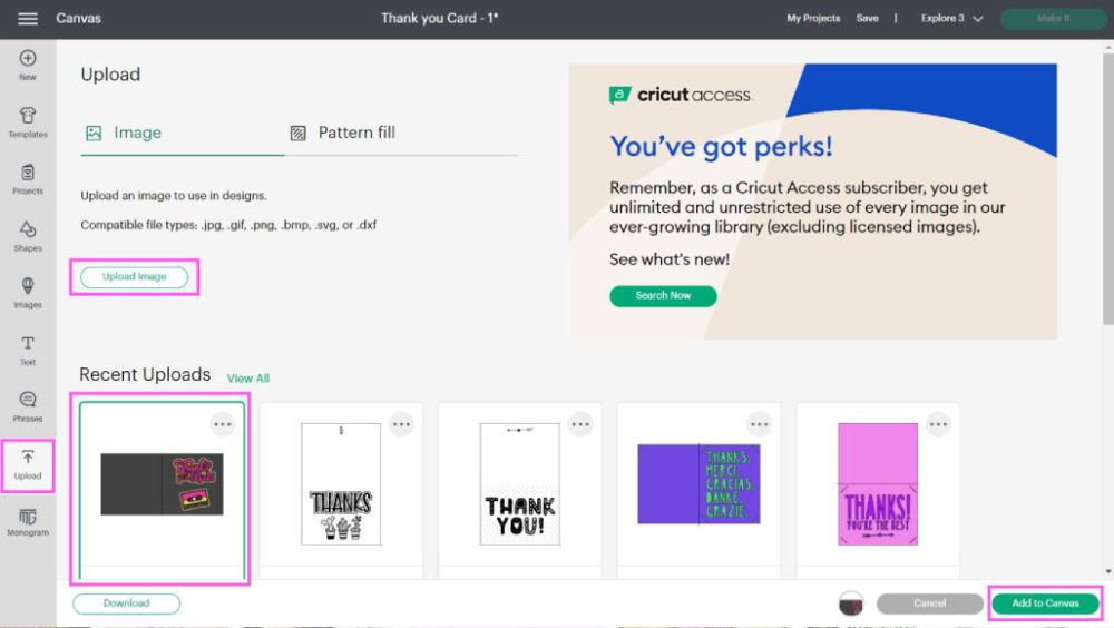 upload thank you card in cricut design space