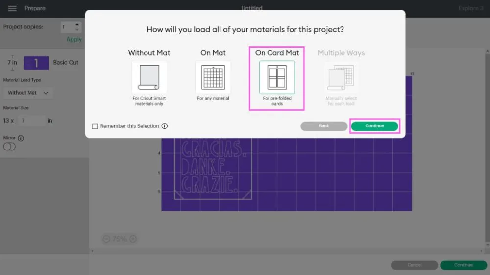 picking "cardmat" on cricut design space