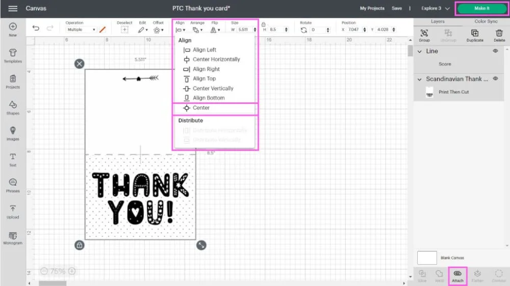 aligning center print then cut card with score line