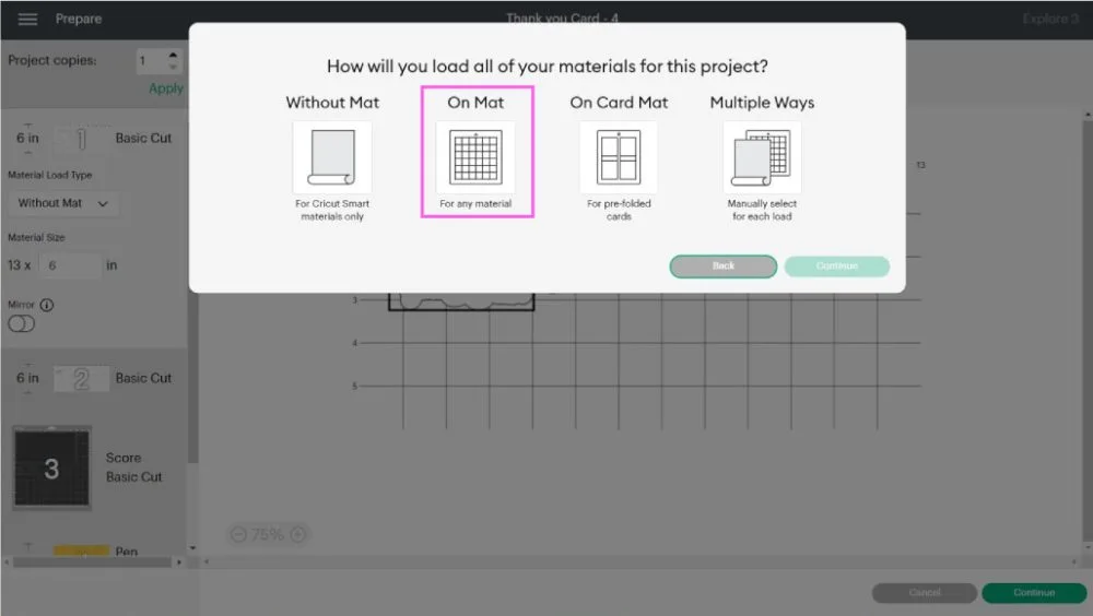 selecting load "on mat" option in design space to cut materials.